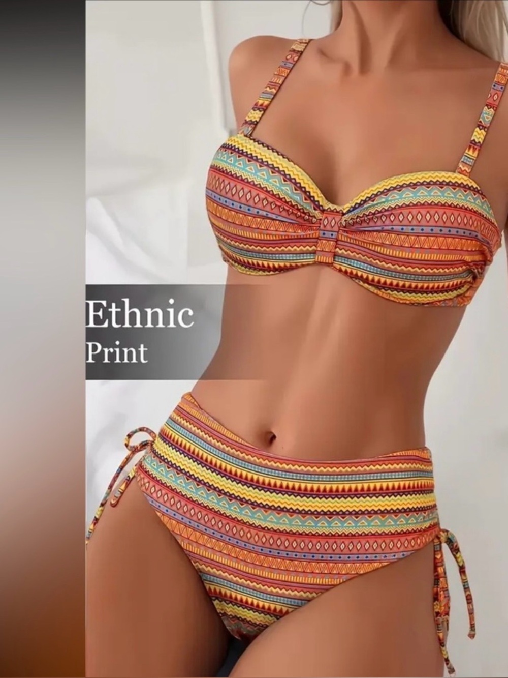 Multicolor Ethnic Print Bandeau Bikini Set